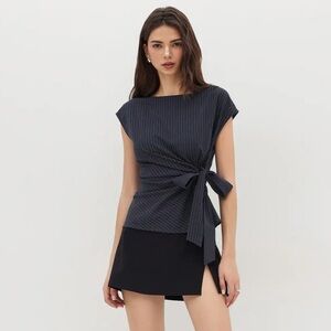Navy Pinstripe Tie-Front Top